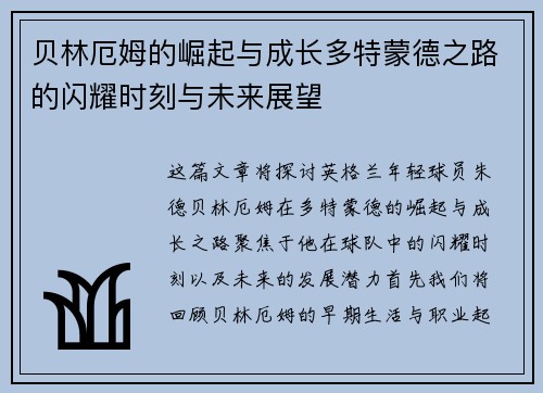 贝林厄姆的崛起与成长多特蒙德之路的闪耀时刻与未来展望